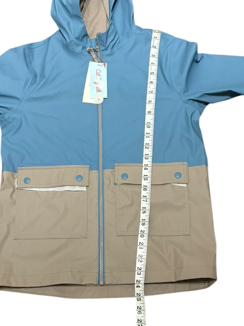 Cat & Jack Two-Tone Hooded Raincoat - Light Blue & Beige, Size YL (10-12) NEW